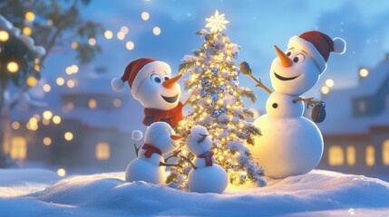cheerful snowman family celebrates the holidays by decorating a small snow-covered tree.