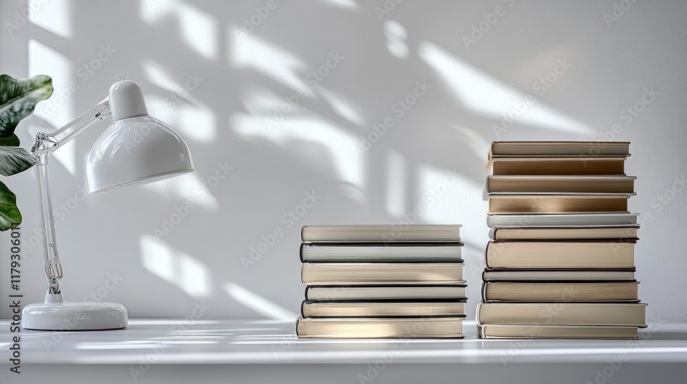 Poster books arranged neatly on a desk with a lamp and sunlight casting shadows in a minimalistic room. gen