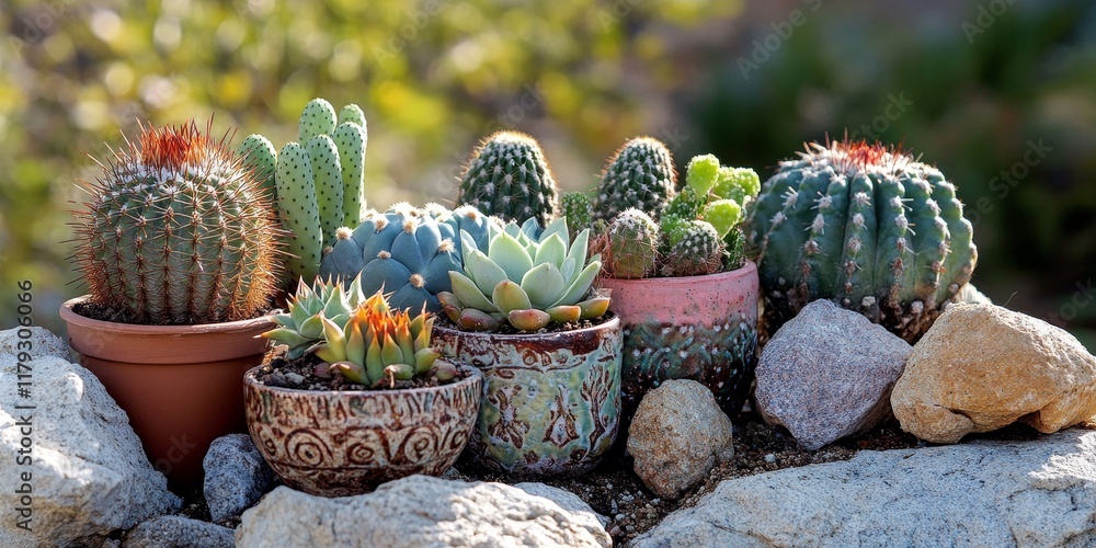 Poster tiny cacti in decorative pots enhance the charm of the outdoor garden, creating a delightful display