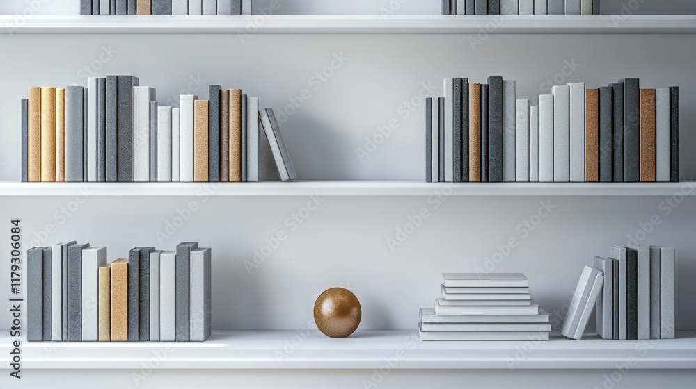 Poster minimalist bookshelf with neatly arranged books and a decorative orb on display in a modern interior