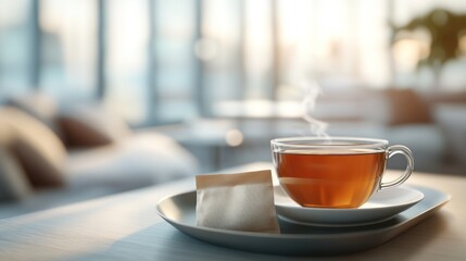 Obraz premium Hot tea in a glass cup with a tea bag on a plate in a modern, bright room. Generative AI
