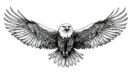 Obraz premium Majestic bald eagle with wings spread wide, grayscale illustration.