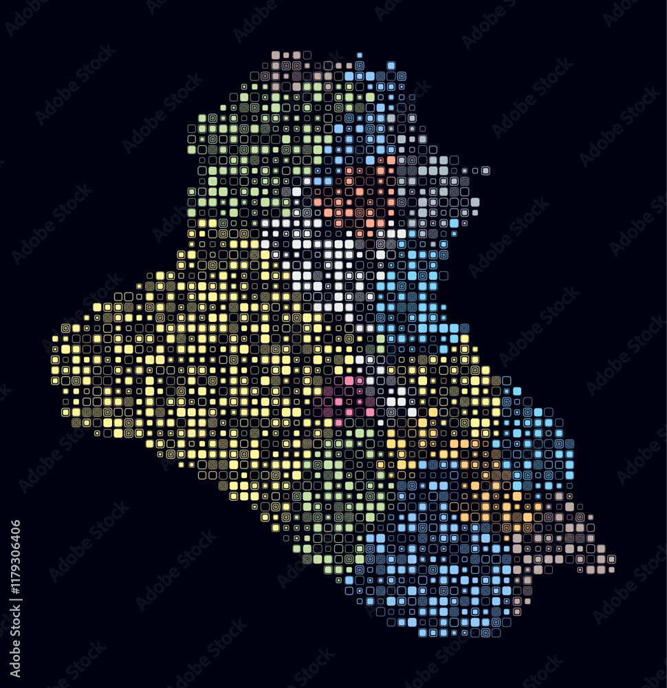 Poster iraq, shape of the country built of colored cells. digital style map of iraq on a dark background. s