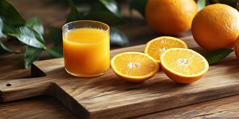 Naklejka premium Fresh orange juice on a rustic wooden cutting board, accompanied by a halved orange, creates a vibrant display of orange juice and citrus freshness perfect for any kitchen setting.