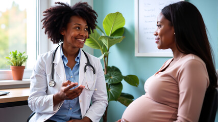 Pregnant woman consulting with a smiling African American female doctor, concept of maternal health and prenatal care