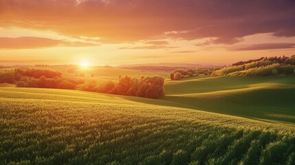 Obraz premium Lush green field bathed in the warm glow of a beautiful sunset, creating a picturesque scene where the green field meets the colorful sky at dusk. Enjoy the serene beauty of the green field.