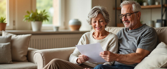 Elderly couple reading thank you letters in cozy living room, gratitude