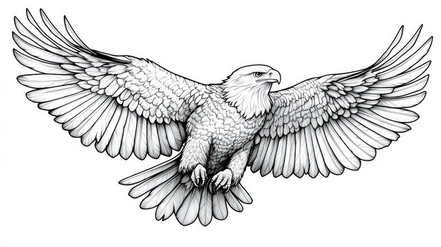 Majestic bald eagle in flight, detailed pen-and-ink drawing.