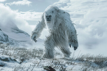 Huge fantasy hairy yeti character in beautiful outdoor nature color, abstract vivid composition consists of fictional unreal fantastic vision on background