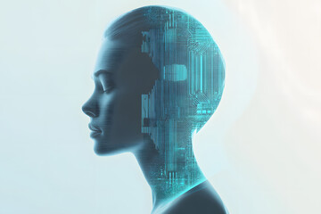 human cyborg head with abstract digital interface. Artificial intelligence and future concept. Double exposure AI (Artificial Intelligence) concept. Deep learning. Mindfulness. Psychology.
