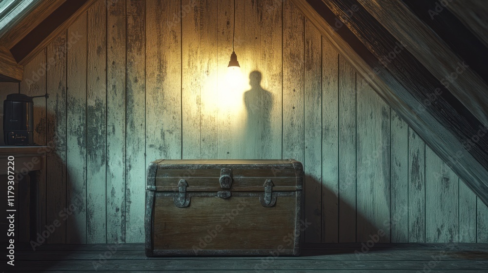 Poster mysterious attic with a vintage chest and a shadowy figure illuminated by a hanging light. generativ