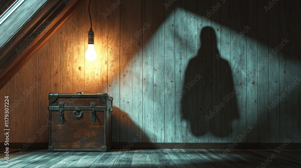 Poster mysterious shadow cast on wooden wall by a lone light bulb in an attic with an old trunk. generative