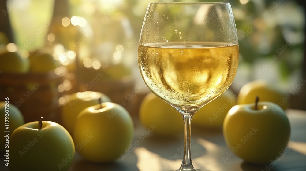 Poster golden apple cider in a glass with fresh green apples on a rustic table during autumn. generative ai