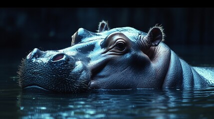 Fototapeta premium A hippopotamus is half-submerged in water, its tranquil look highlighted by the soft glow of the sunrise.