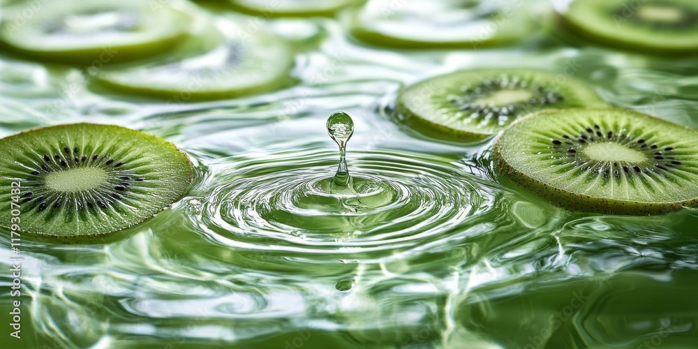 Poster kiwi slices rest on the surface of vibrant green water gel, creating ripples and shadows. the kiwi s