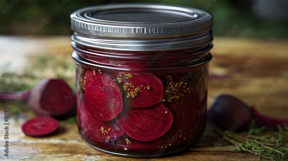 Poster homemade pickled beets in a jar with spices prepared in a rustic kitchen setting. generative ai