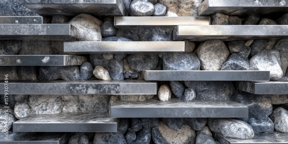 Poster a background featuring shiny silver metallic stairs combined with stones creates an abstract archite