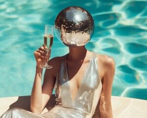 A beautiful woman with a disco ball head, silver dress, holding champagne, minimalist style.