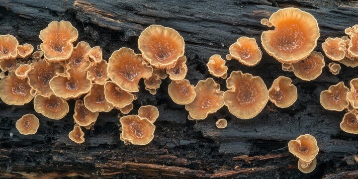 Clusters of Psathyrella fungi thriving on decaying woody stems, showcasing the unique characteristics of Psathyrella fungi in their natural habitat, highlighting their growth patterns on organic