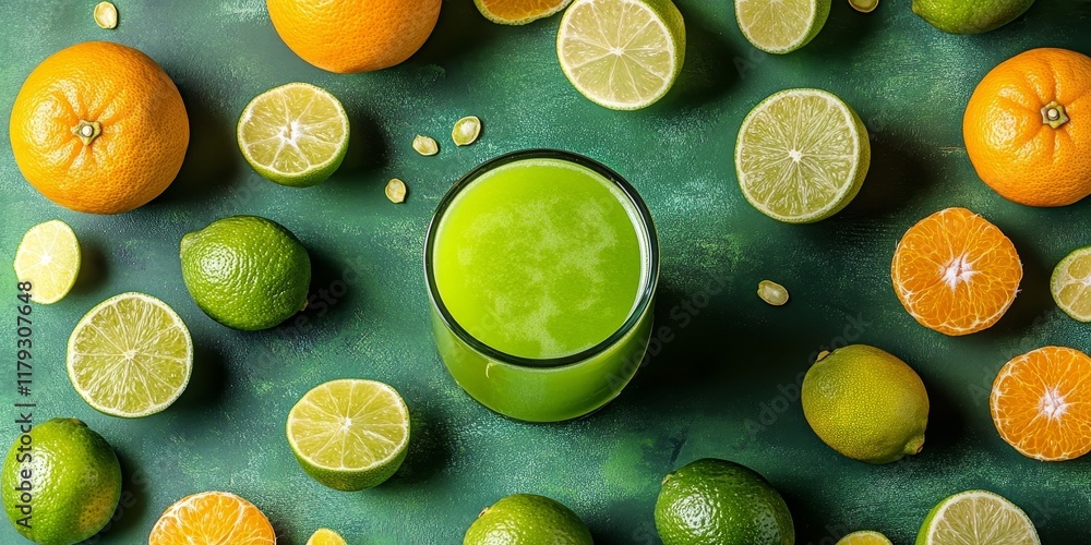 Poster fresh lime juice alongside vibrant limes, oranges, and an array of citrus fruits beautifully display