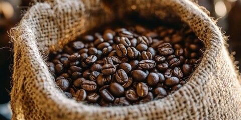 Textile bag filled with roasted coffee beans, showcasing the rich aroma and quality of roasted coffee beans, ready for sale and perfect for coffee enthusiasts and retailers alike.
