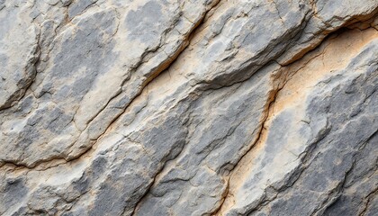 Close Up of Rough Gray and Beige Stone Texture with Diagonal Cracks, Natural Rock Surface Detail
