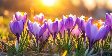 Crocus flowers bloom beautifully in early spring, showcasing vibrant colors. The sight of crocus in...