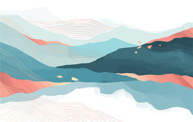 abstract japanese landscape on light background with gradient, semi watercolor	