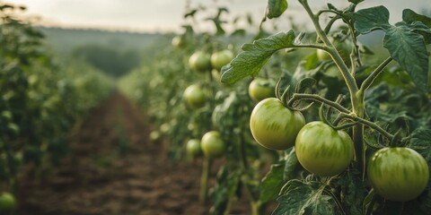 Fototapeta premium Tomato planting featuring lush green tomatoes in a field under overcast skies. The process of tomato planting showcases the growth of green tomatoes, highlighting the importance of optimal weather.