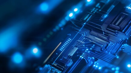 Close-up of a blue-lit circuit board showcasing intricate electronic pathways and connections.