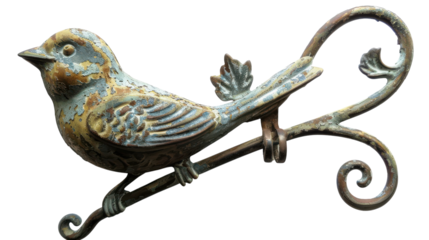 Decorative vintage bird sculpture mounted on a wall with intricate ironwork design showcasing unique artistry and craftsmanship on transparent background