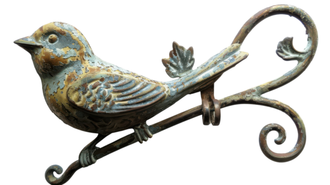 Decorative vintage bird sculpture mounted on a wall with intricate ironwork design showcasing unique artistry and craftsmanship on transparent background