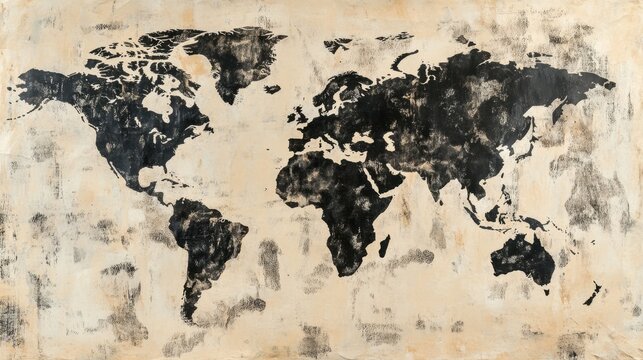 Artistic World Map in Black and White with Grunge Texture Design