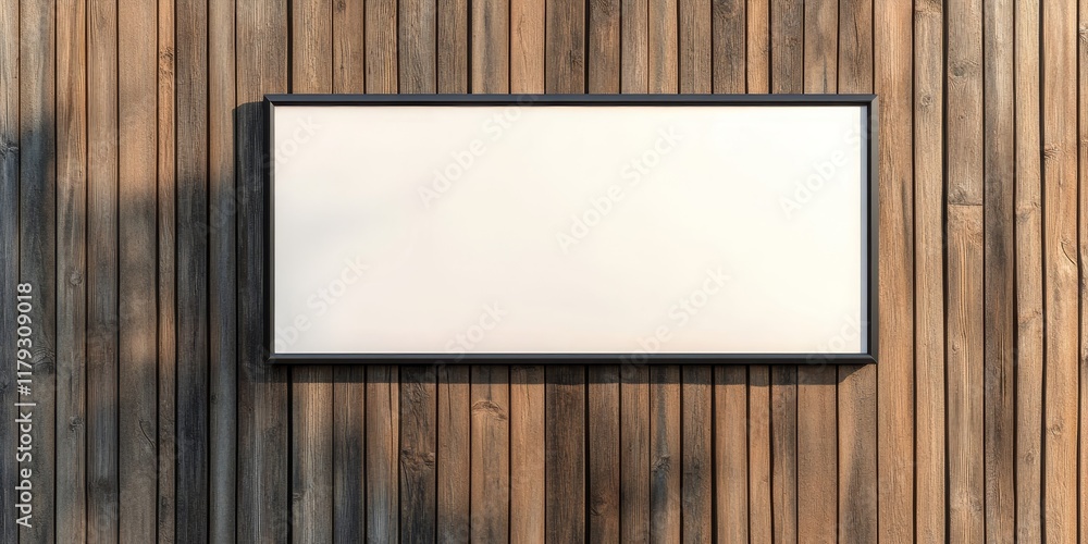 Poster empty billboard frame displayed on a wooden wall, creating a perfect backdrop for showcasing an adve