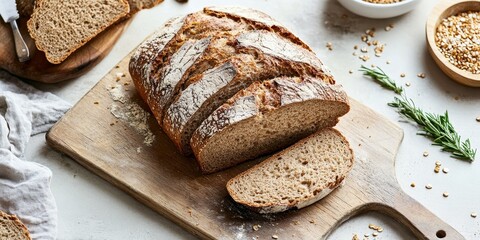 Naklejka premium Cut buckwheat bread displayed on a cutting board in a kitchen setting. This flatlay showcases the texture and details of buckwheat bread, perfect for culinary inspiration.