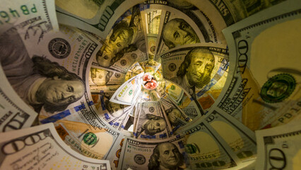 Rotating Perspective Inside a Jar Filled With Hundred-Dollar Bills as a Man Observes, Featuring Currency Patterns and Symmetry. Symbol of Financial Abundance.
