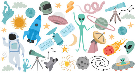 Cute, Astronaut, Ufo, Rocket, Alien, Planet, Outer space, Satellite, Cosmos, Galaxy, Telescope and other design elements  isolated on white background.