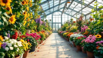 A Vibrant Floral Paradise, Exploring a Greenhouse Filled With a Kaleidoscope of Blooming Flowers