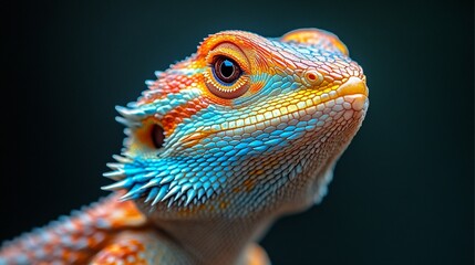 Obraz premium A striking representation of a bearded dragon lizard, featuring its textured skin and penetrating eyes, placed against a deep, dark background.