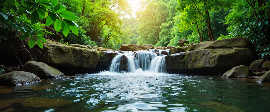 Lush rainforest waterfall sparkling under midday sun, natural beauty - Powered by Adobe