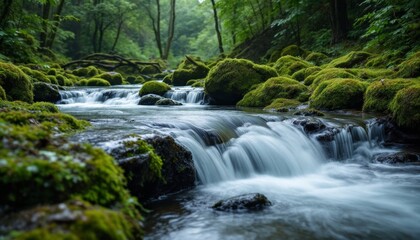 Mossy Rocks and Cascading Water in a Lush Forest Landscape