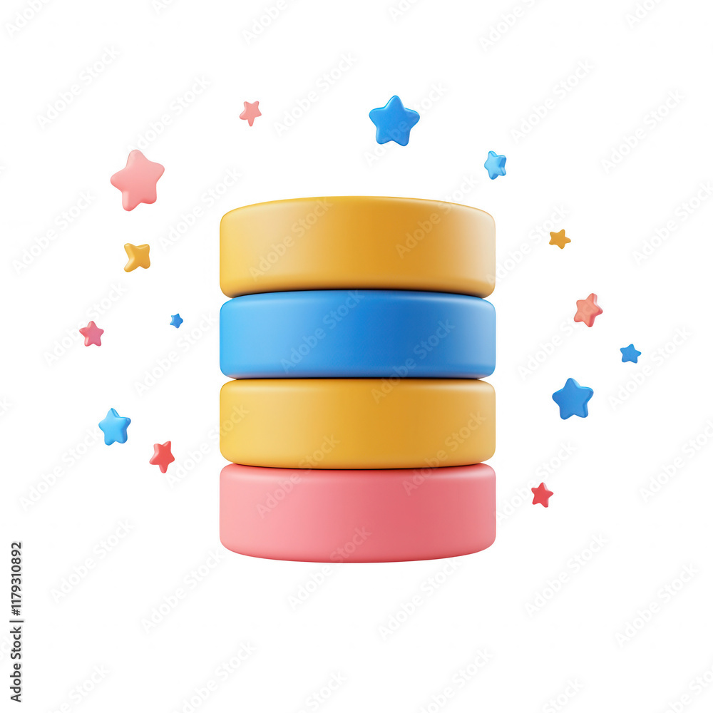 Poster colorful stacked shapes with stars for creative design and playful visuals., isolated on a transpare