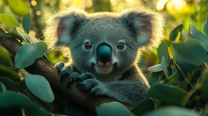Obraz premium A cute koala holding onto a eucalyptus branch, its delightful eyes and fluffy ears framed by a natural setting.