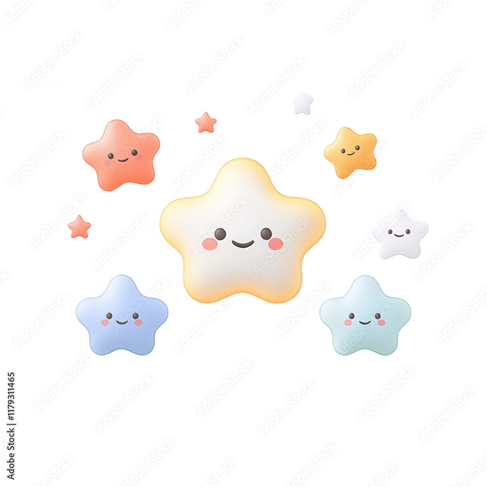 Poster cute smiling stars in various colors, creating a joyful and whimsical atmosphere., isolated on a tra