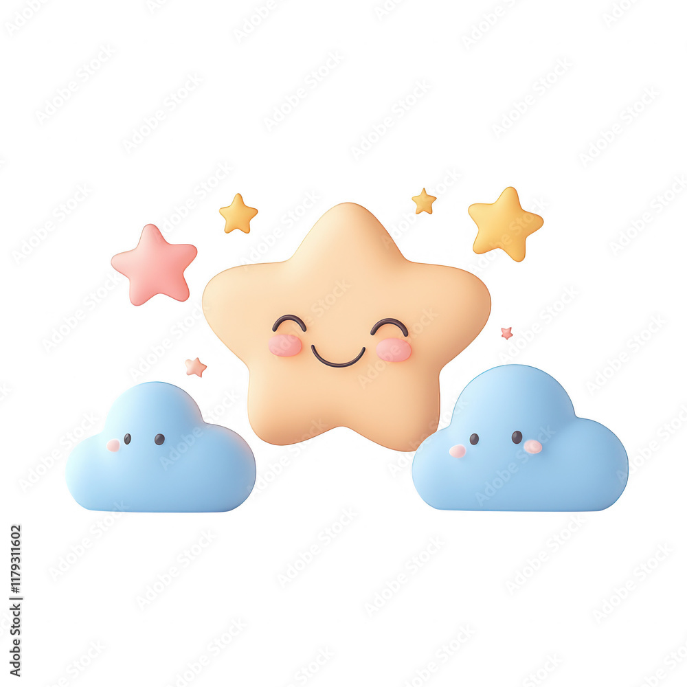 Poster cute star and cloud characters with a joyful expression for playful designs., isolated on a transpar
