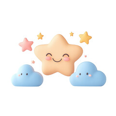 Cute star and cloud characters with a joyful expression for playful designs., isolated on a transparent background.