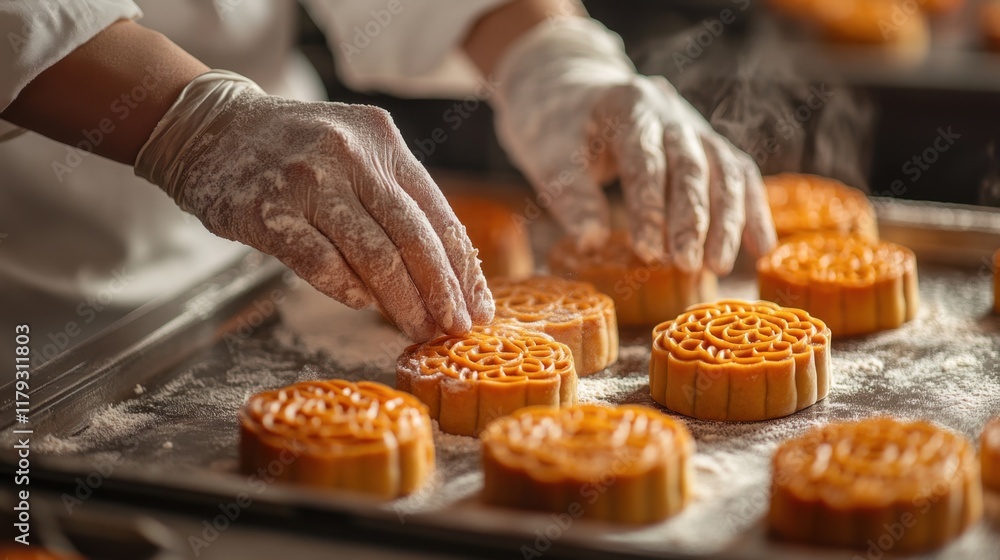 Poster a chef carefully arranges a mooncake on a tray, showcasing intricate patterns with flour-dusted hand
