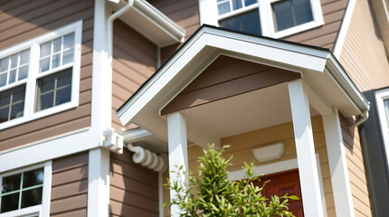 Fototapeta premium Close-up view of a house's exterior, showcasing brown siding, white trim, multiple windows, and a covered porch entrance with white columns. A small shrub is visible near the entrance.
