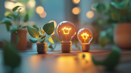 Minimalist icons for energy savings glowing in 3D.