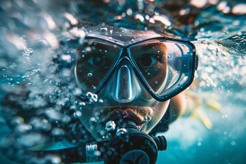 Beautiful diver goes on an underwater adventure in frighteningly deep blue sea, abstract vivid composition consists of fictional unreal fantastic vision on background